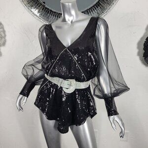 NWT~$785~WANDERING~XS/S~BLACK SEQUIN RHINESTONE BALLOON SLEEVE MINI DRESS BLOUSE